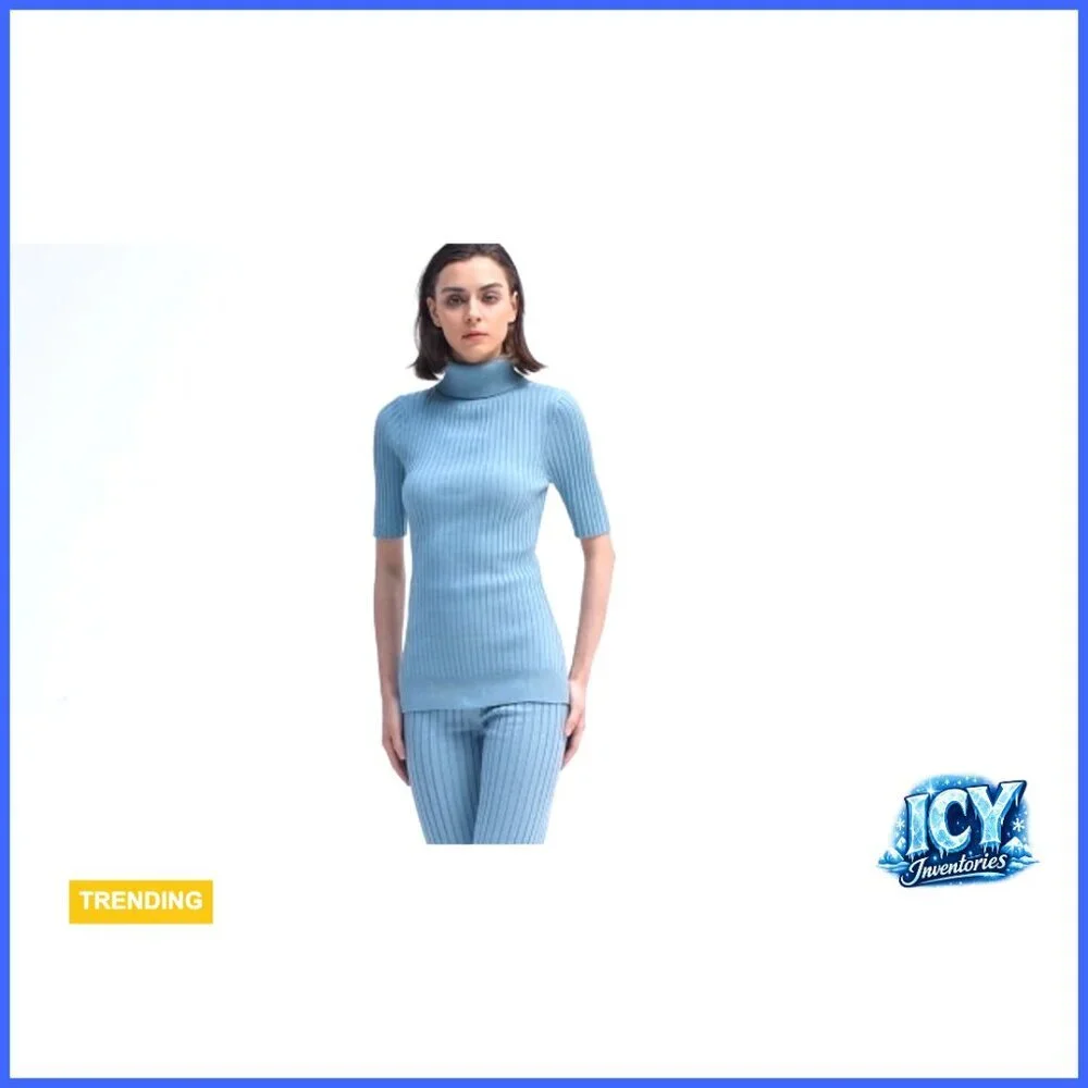 Half Sleeve Turtleneck Ribbed Knit Sweater Slim Fit Stretchy